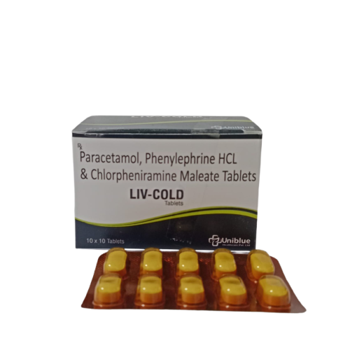 Product Name: LIV COLD, Compositions of LIV COLD are Paracetamol, Phenylephrine HCL & Chlorpheniramine Maleate Tablets - Uniblue Healthcare Private Limited