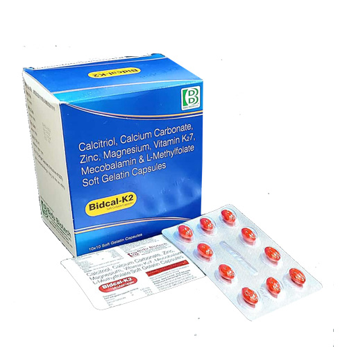 Product Name: Bidcal K2, Compositions of Calcitriol, Calcium Carbonate, Zinc, Magnesium, Vitamin K27, Mecobalamin & L-Methylfolate Soft Gelatin Capsules are Calcitriol, Calcium Carbonate, Zinc, Magnesium, Vitamin K27, Mecobalamin & L-Methylfolate Soft Gelatin Capsules - Bidu Biotech