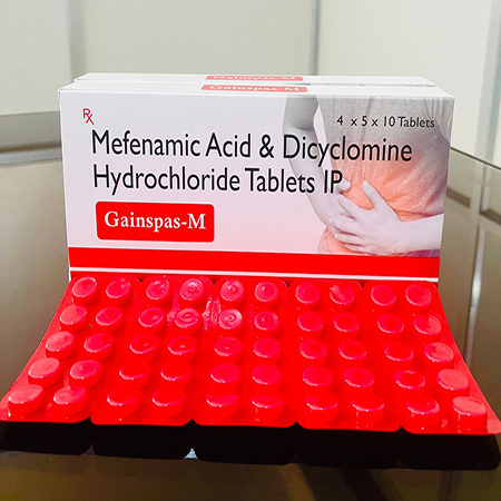 Product Name: Gainspas M, Compositions of Mefenamic Acid & Dicyclomine Hydrochloride Tablets IP are Mefenamic Acid & Dicyclomine Hydrochloride Tablets IP - Gainmed Biotech Private Limited