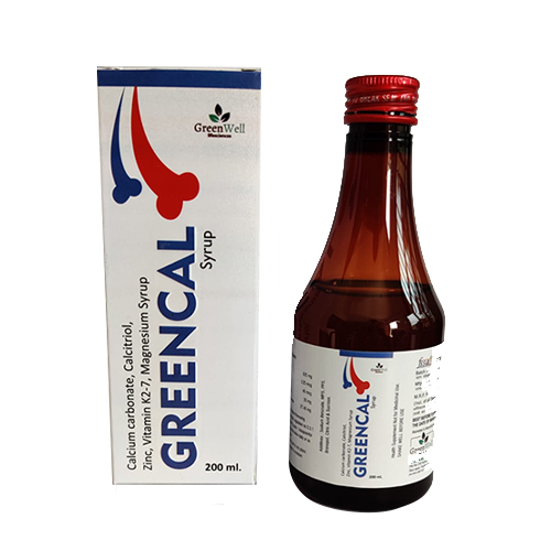 Product Name: Greencal, Compositions of Greencal are Calcium carbonate, Calcitriol, Zinc, Vitamin K2-7, Magnesium Syrup - Greenwell Lifesciences