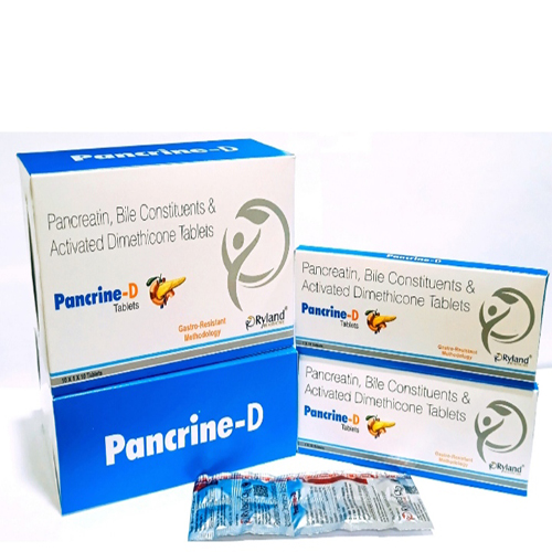 Product Name: Pancrine D, Compositions of Pancrine D are pancreatin, Bile Constituents & Activated Dimethicone Tablets  - Ryland Health Care