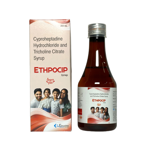 Product Name: ETHPOCIP, Compositions of ETHPOCIP are Cyproheptadine Hydrochloride and Tricholine Citrate Syrup - EthixElite Lifesciences Private Limited