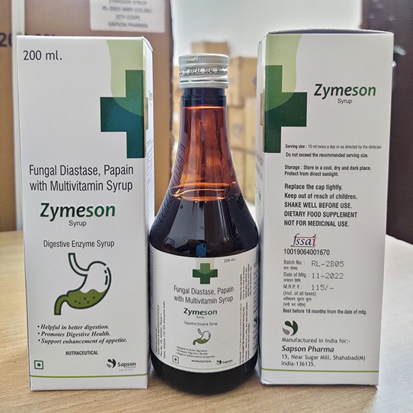 Product Name: Zymeson, Compositions of Zymeson are Fungal Diastase Papain With Multivitamin Syrup - Sapson Pharma