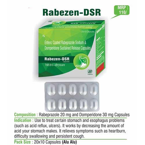 Product Name: Rabezen DSR, Compositions of Rabezen DSR are Enteric Coated Rabeprazole Sodium & Domperidone Sustained Release Capsules - Euphoria India Pharmaceuticals