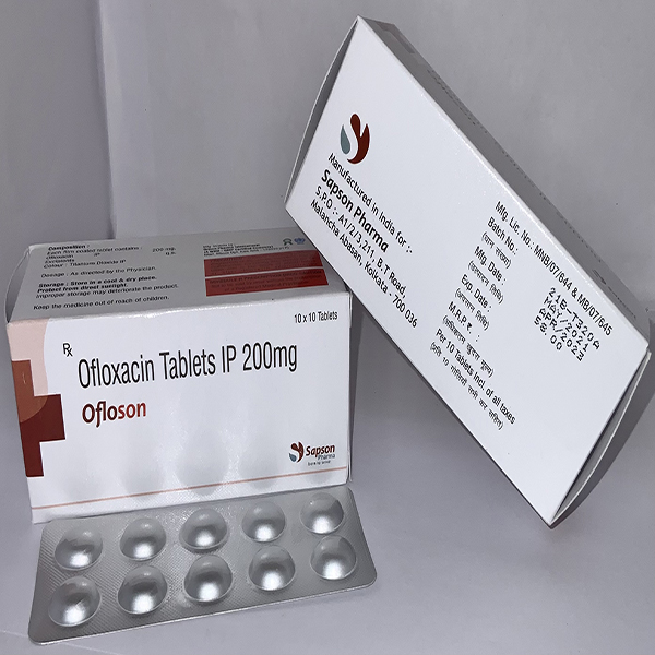 Product Name: Ofloson, Compositions of Ofloson are Ofloxacin Tablets IP 200mg - Sapson Pharma