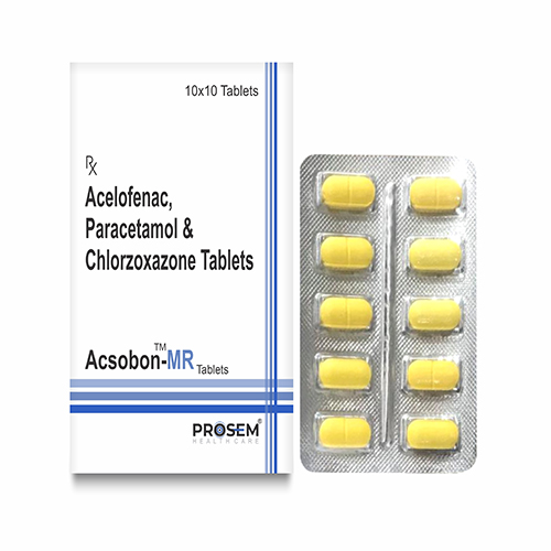 Product Name: Acsobon MR, Compositions of Acelofenac,paracetamol & chlorzoxazone Tablets are Acelofenac,paracetamol & chlorzoxazone Tablets - Prosem Healthcare