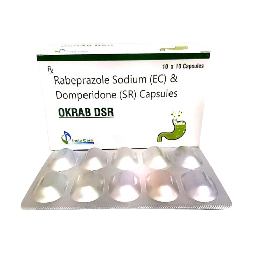 Product Name: OKRAB DSR, Compositions of OKRAB DSR are Rebeprazole Sodium (e.c.) & Levosulpiride (S.R.) Capsules - Insta Care Lifesciences