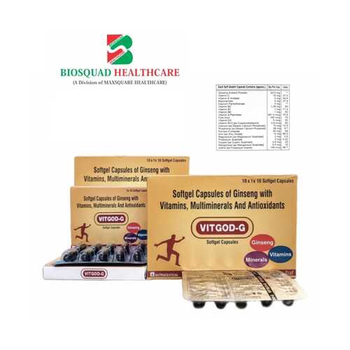 Product Name: VITGOD G, Compositions of VITGOD G are Softgel Caspsules of Ginseng With Vitamins, Multiminerals And Antioxidants - Biosquad Healthcare