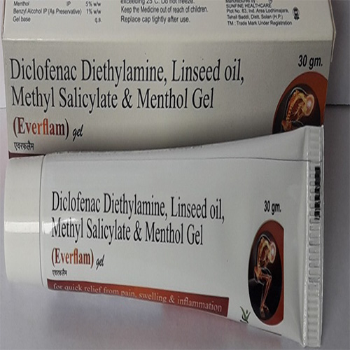 Product Name: Everflam Gel, Compositions of Everflam Gel are Diclofenac Diethylamine, Linseed oil, Methyl Salicylate & Menthol Gel  - Everwell Pharma Private Limited