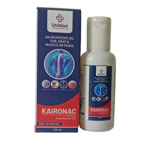 Product Name: KAIRONAC, Compositions of KAIRONAC are AN AYURVEDIC OIL FOR JOINT & MUSCULAR PAINS - Uniblue Healthcare Private Limited