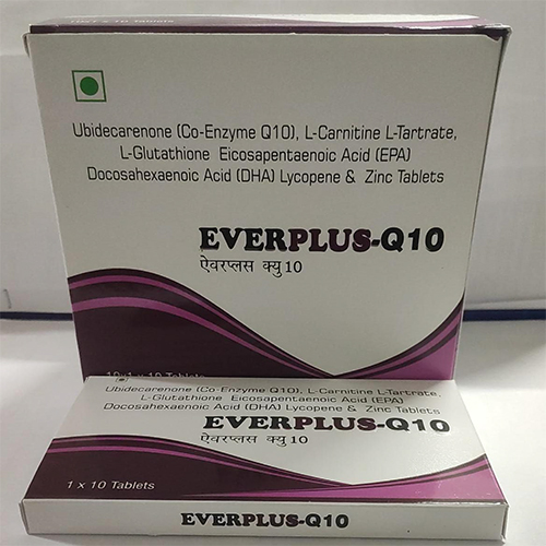 Product Name: EVERPLUS Q10 , Compositions of EVERPLUS Q10  are Ubidecarenone (Co-Enzyme Q10), L-Carnitine L-Tartrate, L-Glutathione Eicosapentaenoic Acid (EPA)  Docosahexaenoic Acid (DHA) Lycopene & Zinc Tablets  - Orange Biotech Private Limited