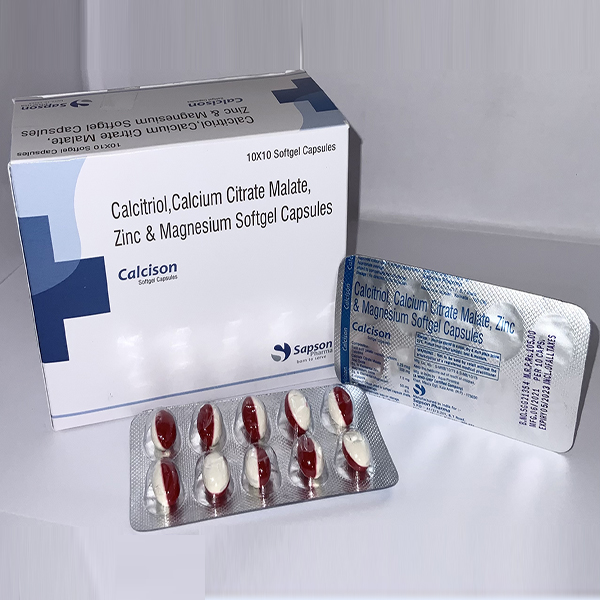 Product Name: calcisom, Compositions of calcisom are calcitriol Calcium Citrate Malate Zinc & Magnesium Softgel Capsules - Sapson Pharma