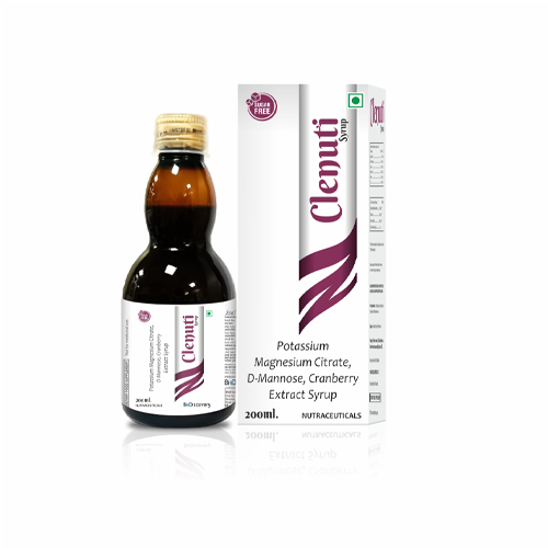 Product Name: Clenuti, Compositions of Clenuti are Potassium Magnesium Citrate, D-Mannose, Cranberry Extract Syrup - Biodiscovery Lifesciences Private Limited