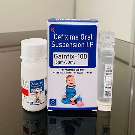 Product Name: Gainfix 100, Compositions of Cefixime Oral Suspension I.P. are Cefixime Oral Suspension I.P. - Gainmed Biotech Private Limited