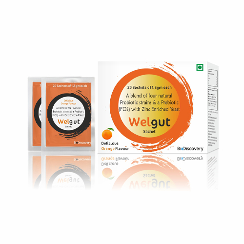 Product Name: Welgut, Compositions of Welgut are A blend of four natural Probiotic strains & a Prebiotic (FOS) with Zinc Enriched Yeast - Biodiscovery Lifesciences Private Limited