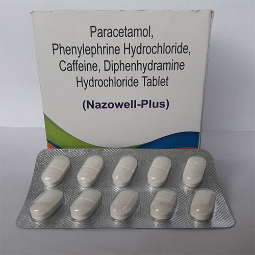 Product Name: Nazowell Plus, Compositions of Nazowell Plus are Paracetamol, Phenylephrine Hydrochloride, Caffeine, Diphenhydramine Hydrochloride Tablet  - Everwell Pharma Private Limited