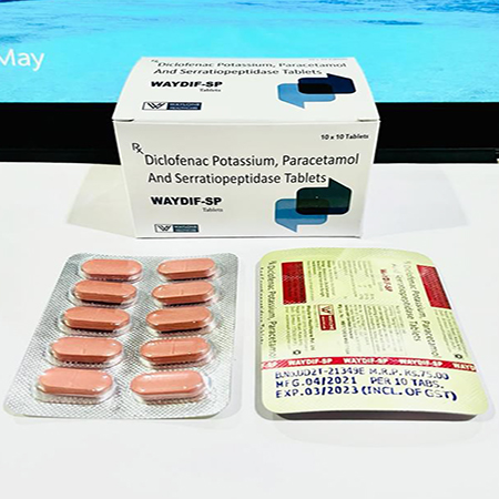 Product Name: Waydif SP, Compositions of Diclofenac Potassium, Paracetamol and Serratiopeptidase are Diclofenac Potassium, Paracetamol and Serratiopeptidase - Waylone Healthcare