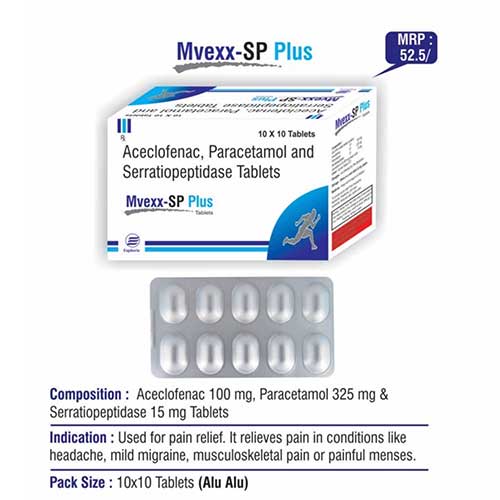 Product Name: Mvexx SP Plus, Compositions of Mvexx SP Plus are Aceclofenac, Paracetamol and Serratiopeptidase Tablets - Euphoria India Pharmaceuticals