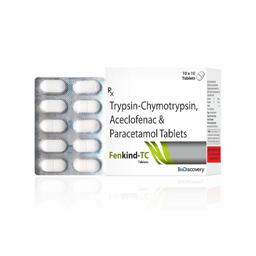 Product Name: Fenkind TC, Compositions of Fenkind TC are Trypsin-Chymotrypsin, Aceclofenac & Paracetamol Tablets - Biodiscovery Lifesciences Private Limited