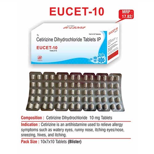 Product Name: Eucet 10, Compositions of Eucet 10 are Cetrizine Dihydrochloride Tablets IP - Euphoria India Pharmaceuticals