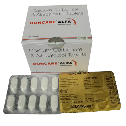 Product Name: Boncare Alfa, Compositions of Boncare Alfa are Calcium Carbonate & Alfacalcidol Tablets - Lifecare Neuro Products Ltd.