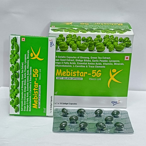 Product Name: Mebistar 5G, Compositions of Mebistar 5G are It Gelatin Capsules of Ginseng, Green Tea Extract, ape Seed Extract, Ginkgo Biloba, Garlic Powder, Lycopene, nega-3 Fatty Acids, Essential Amino Acids, Vitamins, Minerals, sthylcobalamin, L-Carnitine & Trace Elements   - Starzac Formulations Private Limited