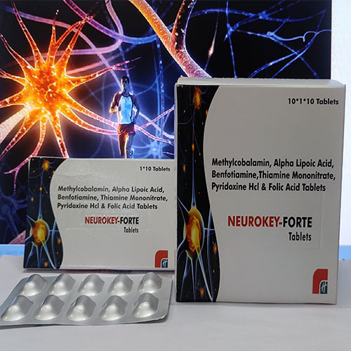 Product Name: Neurokey Forte, Compositions of Neurokey Forte are Methylcobalamin 1500 mcg, Alpha Lipoic Acid 100mg, Thiamine Mononitrate 10mg, Pyridoxine Hydrochloride 3mg, Folic Acid 1.5mg - Healthkey Life Science Private Limited