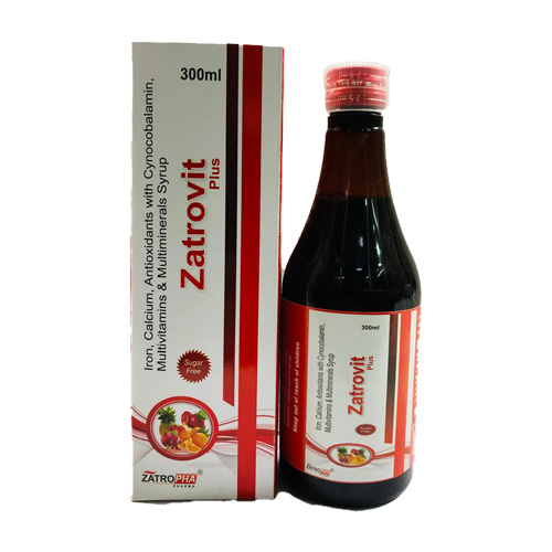 Product Name: Zatrovit, Compositions of Zatrovit are Iron, Calcium, Antioxidants with Cynocobalamin, Multivitamins & Multiminerals Syrup - Zatropha Pharma