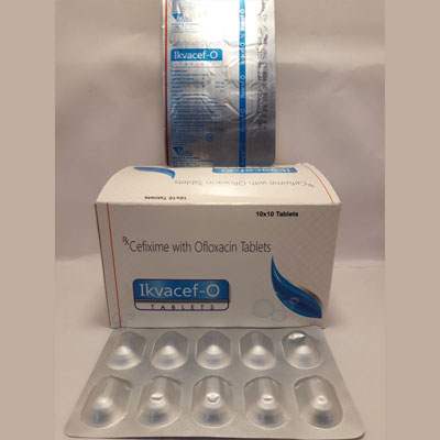 Product Name: ikvacef o, Compositions of ikvacef o are Cefixime with Ofloxacin Tablets - Ikvans Pharma