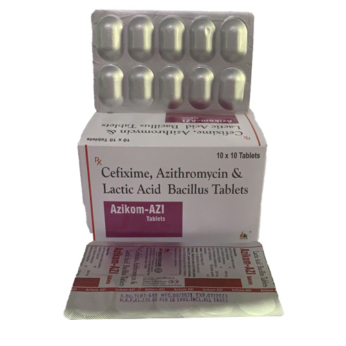 Product Name: Azikom AZI Tablets, Compositions of Azikom AZI Tablets are Cefixime, Azithromycin & Lactic Acid Bacillus Tablets - MK Healthcare