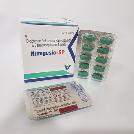 Product Name: NUMGESIC SP, Compositions of NUMGESIC SP are Diclofenac Potassium, Paracetamol & Serratiopeptidase Tablets - Vindcare Lifesciences