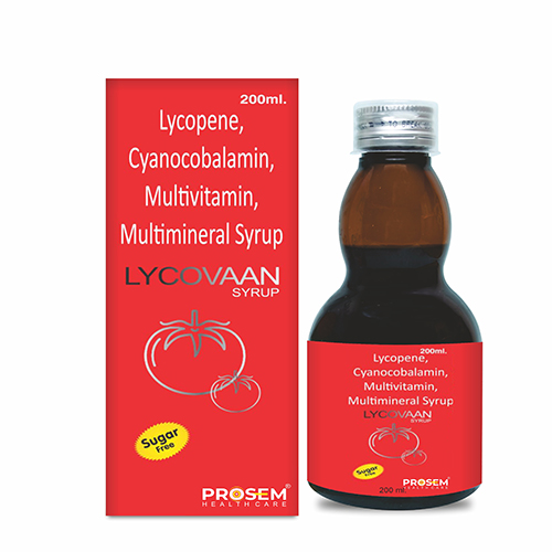 Product Name: LYCOVAAN, Compositions of LYCOVAAN are Lycopene Cyanocobalamin Multivitamin, Multimineral Syrup - Prosem Healthcare