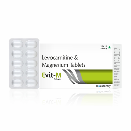 Product Name: Evit M, Compositions of Evit M are Levocarnitine & Magnesium Tablets - Biodiscovery Lifesciences Private Limited