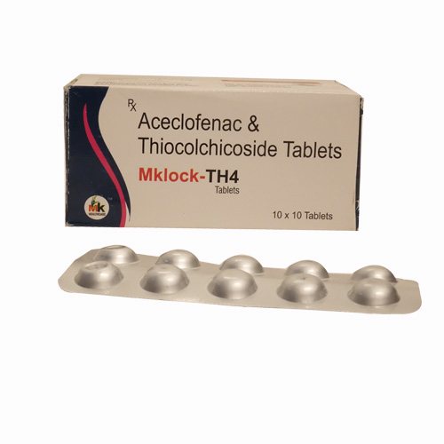 Product Name: Mklock TH4, Compositions of Mklock TH4 are Aceclofenac & Thiocolchicoside Tablets - MK Healthcare