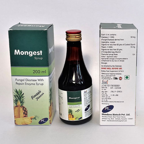 Product Name: Mongest, Compositions of Mongest are Fungal Diastase with Pepsin Enzyme - Mondove Biotech Pvt Ltd