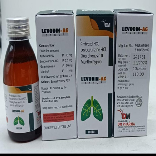 Product Name: LEVODIN AG , Compositions of LEVODIN AG  are Ambroxol HCl, Levocetirizine HCl, Guaiphenesin & Menthol Syrup  - DM Pharma