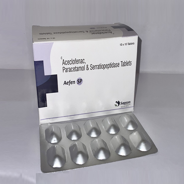 Product Name: aefen SP, Compositions of aefen SP are Aceclofenac Paracetamol & Serratiop - Sapson Pharma