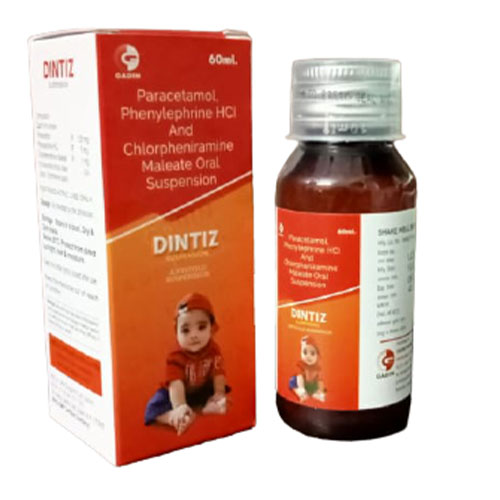 Product Name: DINTIZ, Compositions of DINTIZ are PARACETAMOL IP 250MG+ PHENYLEPHRINE HYDROCHLORIDE IP 5MG+ CHLORPHENIRAMINE MALEATE IP 2MG - Gadin Pharmaceuticals Pvt. Ltd