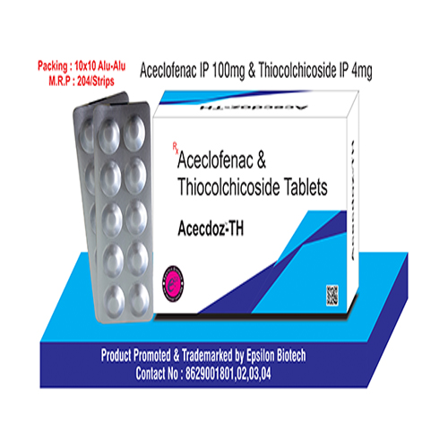 Product Name: Acecdoz TH, Compositions of Acecdoz TH are Aceclofenac & Thiocolchicoside Tablets - Epsilon Biotech