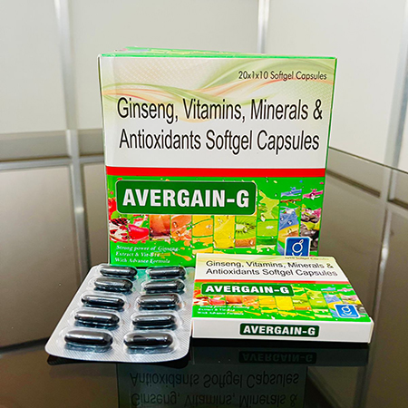 Product Name: Avergain G, Compositions of Ginseng Vitamins,Minerals & Antioxidant Softgel Capsules are Ginseng Vitamins,Minerals & Antioxidant Softgel Capsules - Gainmed Biotech Private Limited