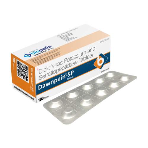 Product Name: DAWNPAIN SP, Compositions of DAWNPAIN SP are Diclofenac Potassium, Paracetamol & Serratiopeptidase tablets - Biopolis Lifesciences Private Limited