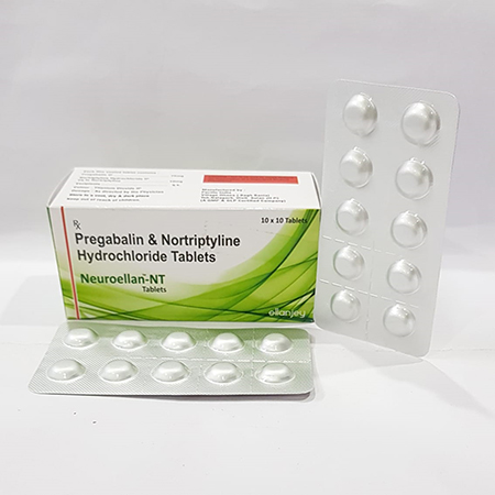 Product Name: Neuroellan NT, Compositions of Neuroellan NT are Pregabalin & Nortiptyline Hydrochloride Tablets - Ellanjey Lifesciences