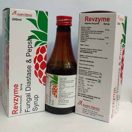 Product Name: Revzyme, Compositions of Revzyme are Fungal Diastate & Pepsin Syrup - Aarvi Drugs