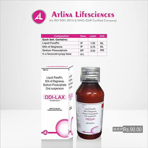 Product Name: Odi Lax, Compositions of Liquid Paraffin,Milk of Magnesia & Sodium  Picosulphate Oral Suspension are Liquid Paraffin,Milk of Magnesia & Sodium  Picosulphate Oral Suspension - Atlina LifeSciences Private Limited