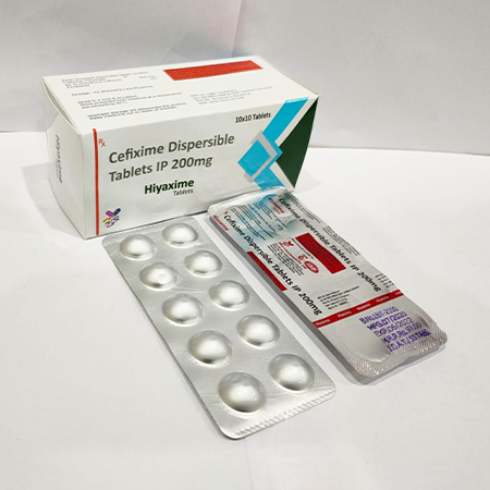 Product Name: Hiyaxime, Compositions of Hiyaxime are Cefixime Dispersible Tablets IP 200mg - Arvoni Lifesciences Private Limited