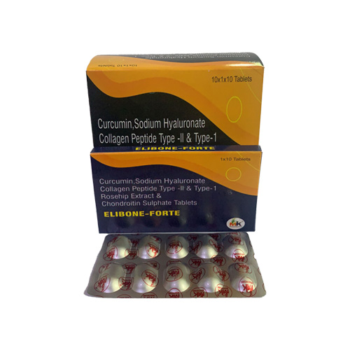 Product Name: ELIBONE FORTE, Compositions of ELIBONE FORTE are Curcumin, Sodium Hyaluronate Collagen Peptide Type -II & Type-1 - MK Healthcare