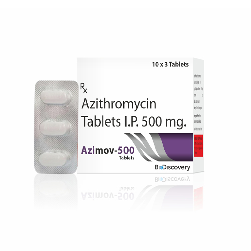 Product Name: Azimov 500, Compositions of Azimov 500 are Azithromycin Tablets I.P. 500 mg - Biodiscovery Lifesciences Private Limited