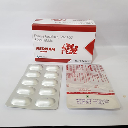 Product Name: REDNAM, Compositions of REDNAM are Ferrous Ascrobate, Folic Acid & Zinc Tablets - Vindcare Lifesciences