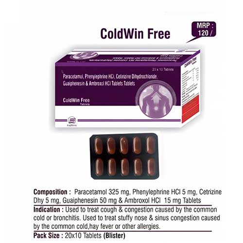 Product Name: ColdWin Free, Compositions of ColdWin Free are Paracetamol, Phenylphrine HCl, Diphenylphrine & Caffeine Tablets - Euphoria India Pharmaceuticals