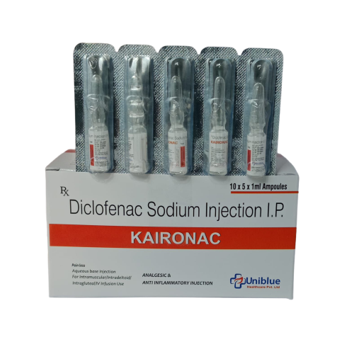 Product Name: KAIRONAC, Compositions of KAIRONAC are Diclofenac Sodium Injection I.P - Uniblue Healthcare Private Limited